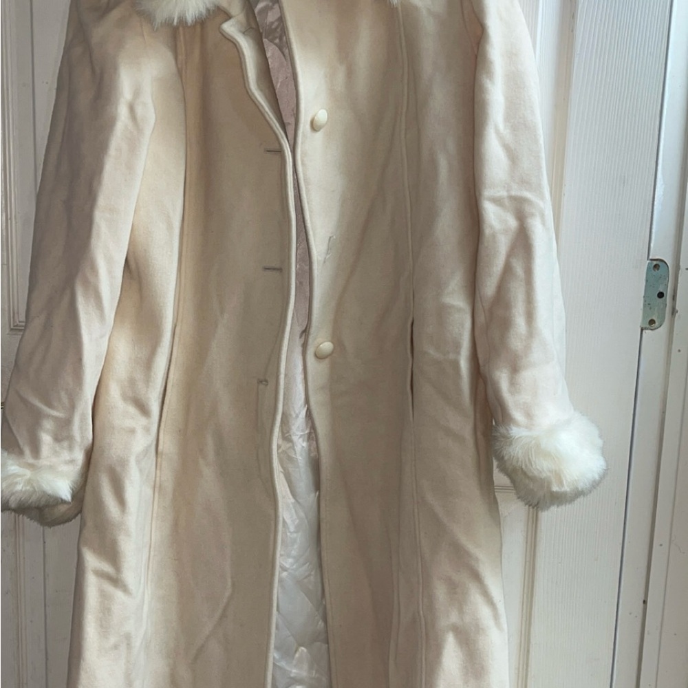 Chadwicks Cream Trench Coat with Faux Fur Trim